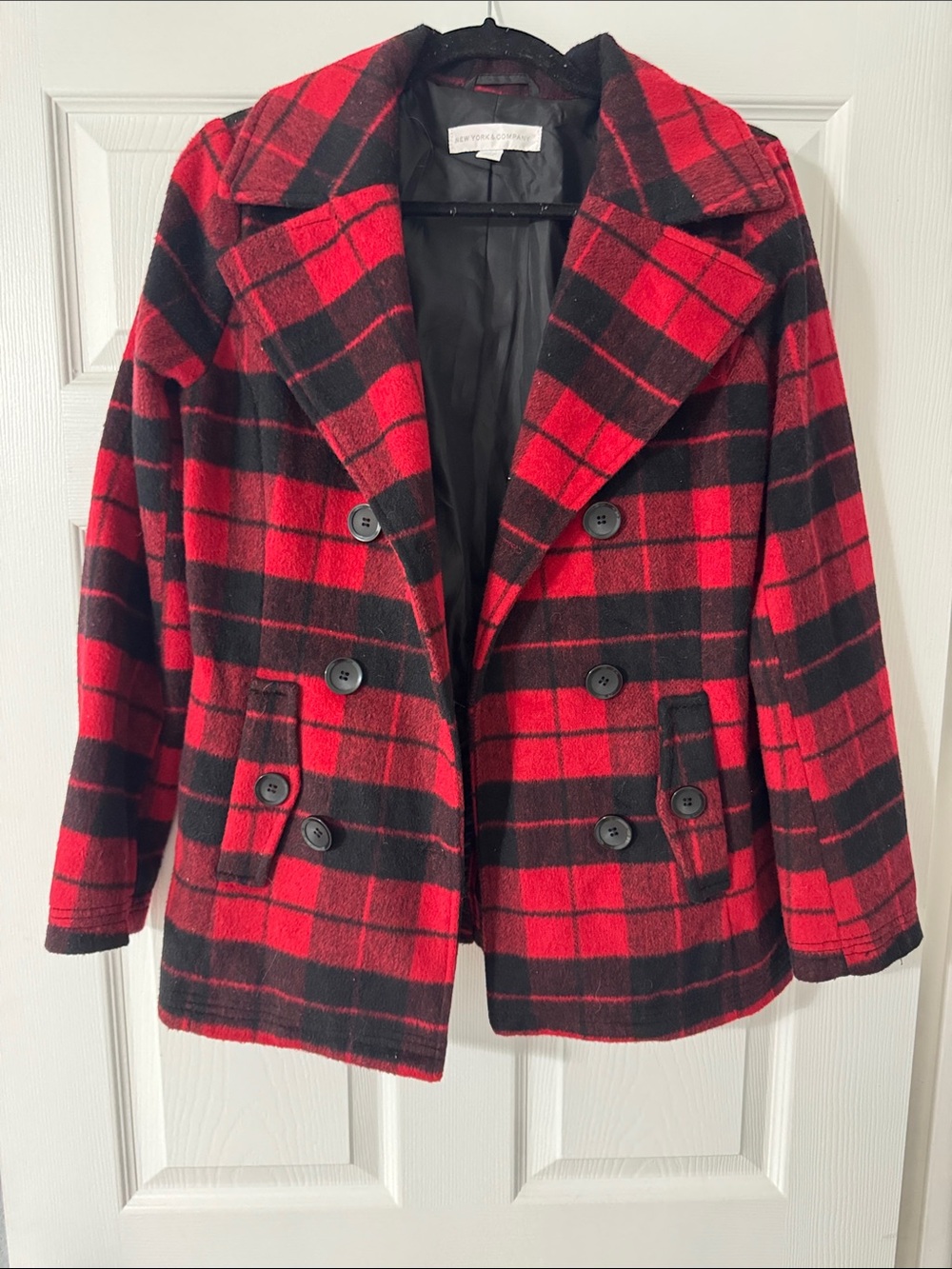 New York & Company Red and Black Plaid Double-Breasted Peacoat
